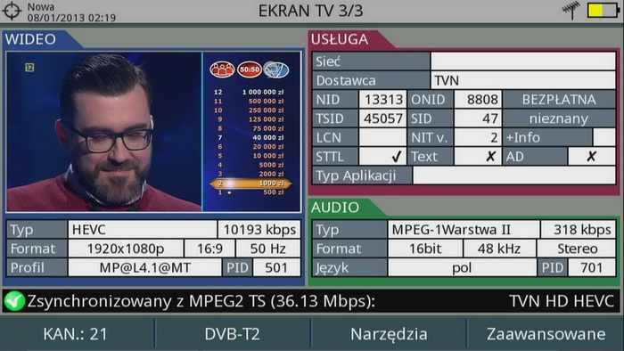 sygnał TVN HD DVBT2 HEVC K21 Łódź